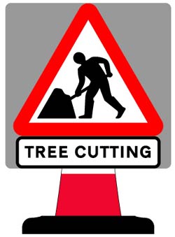 red triangular road sign warning of tree cutting