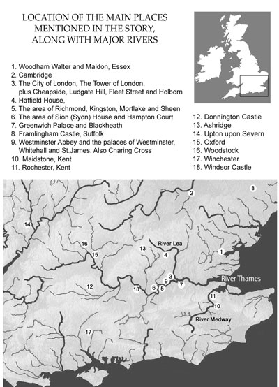 a map of southern England during Tudor times, black and white, with place names