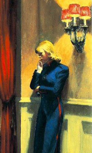 detail from painting shows usherette in thought, blue dress, blond hair