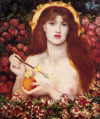 young woman, semi-nude with red hair and apple