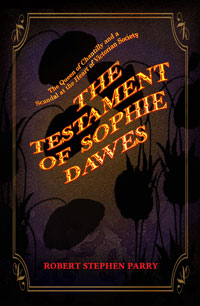 book cover shows gold lettering and lace motif, entitled The Testament of Sophie Dawe