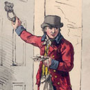 19th century sketch of early victorian postman in red tunic knocking at door