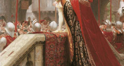 detail from painting shows line of soldiers, their helmets, from behind