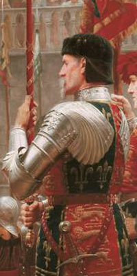 detail from painting shows senior soldier or nobleman, armed, looking stern-faced