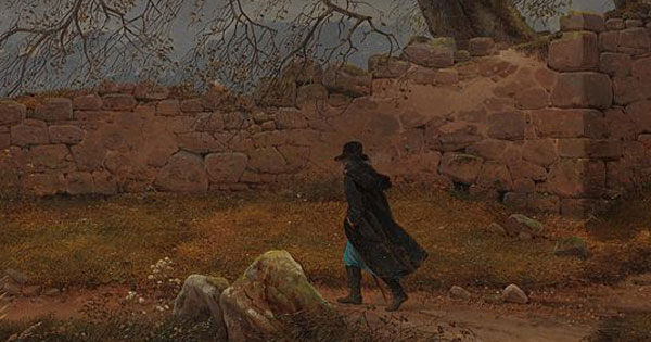 detail from old painting showing man walking, hatted and cloaked