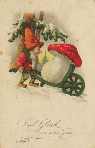 illustration of elf carrying away a mushroom in wheelbarrow