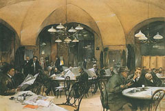 painting depicting gentlemen in cafe reading newspapers