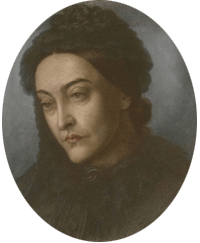 Victorian poet Christina Rossetti, in pensive mood, eyes downcast, half-profile