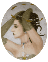 small oval showing head of woman with dark hair and pearls