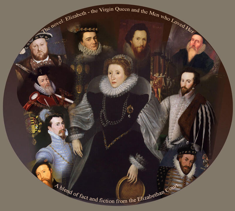 collage of images of Elizabethan courtiers, men, with Elizabeth 1st central