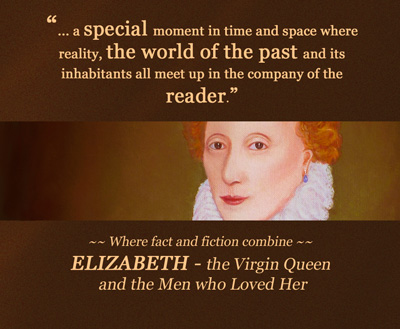 image of Elizabeth I in ruff and orange tunic top, with text
