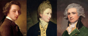 set of three images showing Georgian-era persons with long hair or wigs