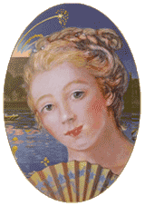 georgian-era woman with braided blond hair and fan