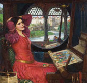 part of painting showing brunette woman seated at loom in Gothic setting