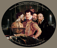 group of Tudor men in discussion set in dark interior