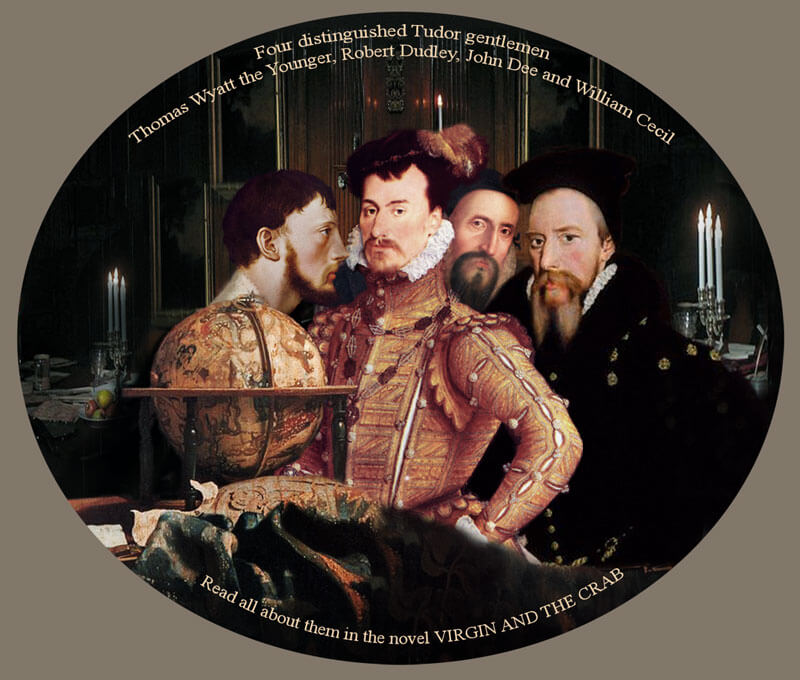 Just for fun - important Tudor personnel four Tudor gentlemen in dark candle-lit room
