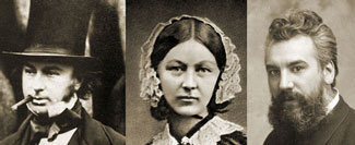 three black and white photos of prominent Victorians, 2 men one woman