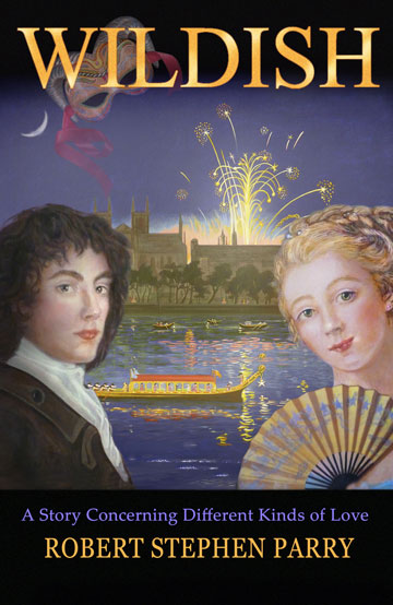 18th century London, Georgian-period novel 'Wildish' Georgian-era couple, he with long hair, she with fan. Fireworks in background