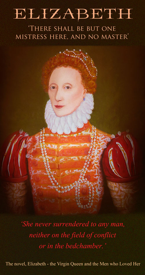 portrait of Elizabeth I in ruff and scarlet-orange dress eith pearls