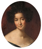 small oval image of woman in 19th-century french fashions, dark hair