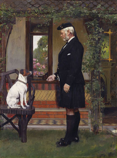 man in black standing, kilted, feeding dog on chair - gillie John Brown