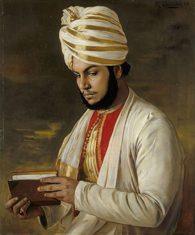 young indian gentleman with turban and book, glancing downwards