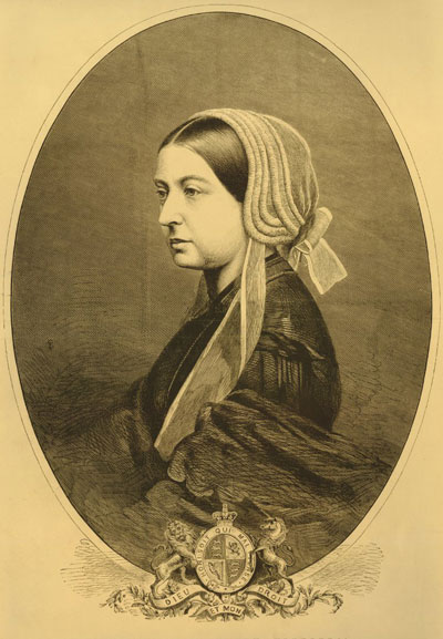old engraving showing queen victoria in mourning attire